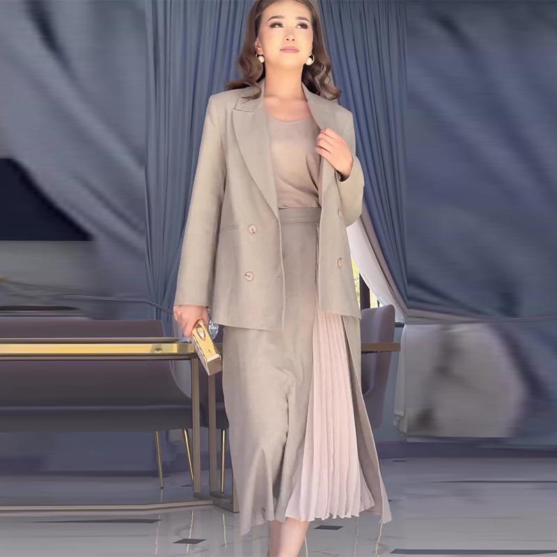2024 Autumn Women's Solid Color Elegant Long Dress Suit - Versatile Two-Piece Set