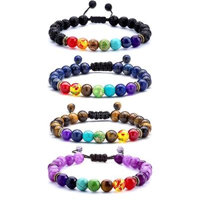 Buntes Yoga-Armband aus Vulkanstein und Türkis mit Goldkette und Sieben-Adern-Design