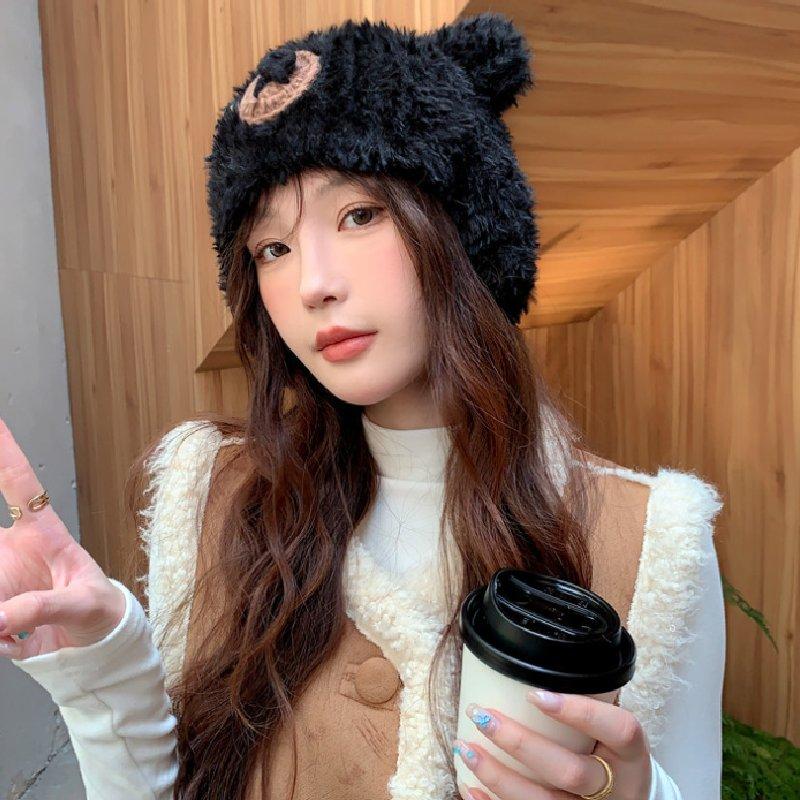 Women Plush Winter Bear Hat Keep Warm Ear Protector Solid Color Caps Travel