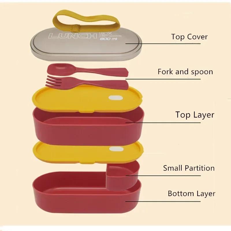 Gesundes Material Doppelschichtige Lunchbox mit Gabel und Löffel, Mikrowellengeeignete Bento-Boxen, Geschirrset, Lebensmittelaufbewahrungsbehälter