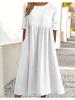Plus Size Round Neck Solid Pleated Pocket Loose Casual Midi Comfortable Dress S-5XL Lightweight Recognition Elegant with Flattering Chic Dress
