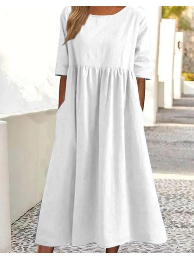 Plus Size Round Neck Solid Pleated Pocket Loose Casual Midi Comfortable Dress S-5XL Lightweight Recognition Elegant with Flattering Chic Dress