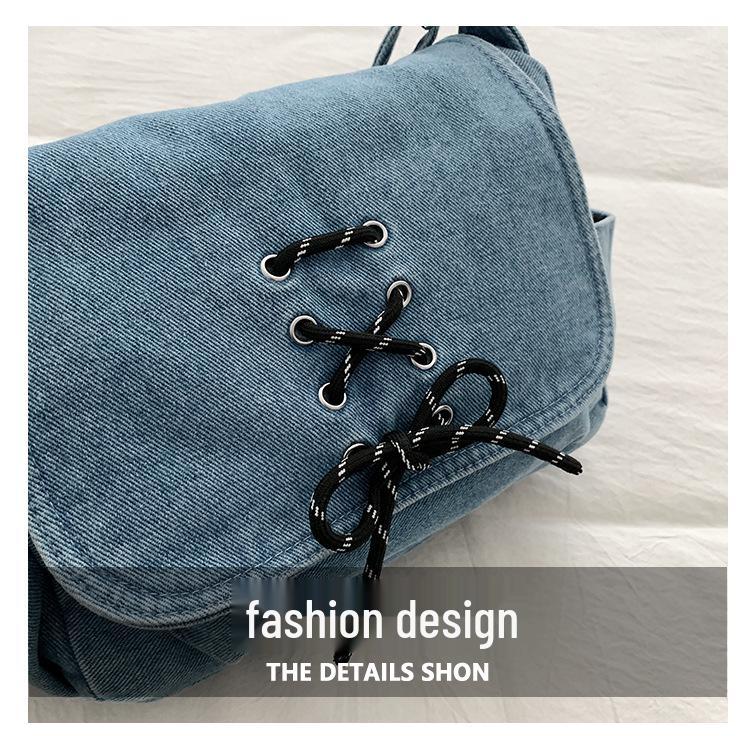 Korean Style Denim One-Shoulder Bag with Drawstring, Large Capacity Crossbody for School and Travel