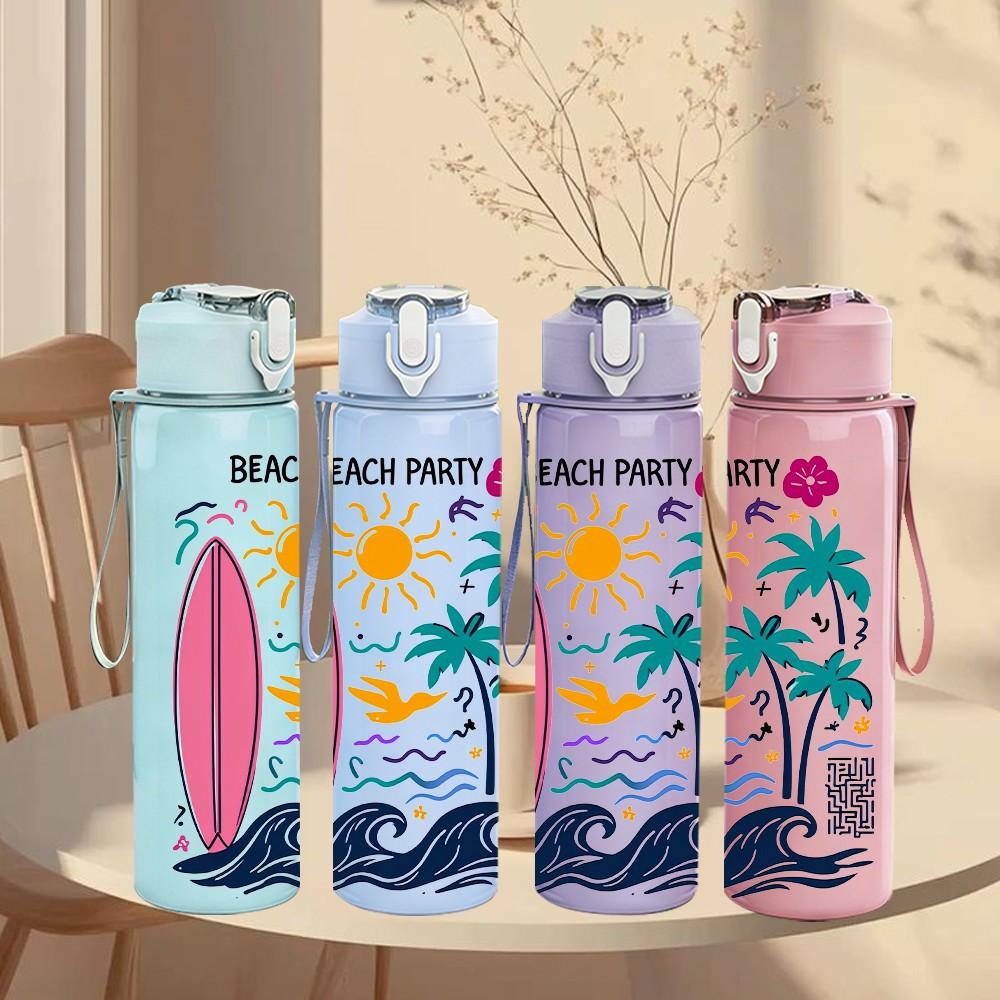 1PC Beach Surfboard Palm Tree 750ml Color Plastic Sports Water Bottle Leakproof Flip Straw Lid Suitable for Sports Office Home Use