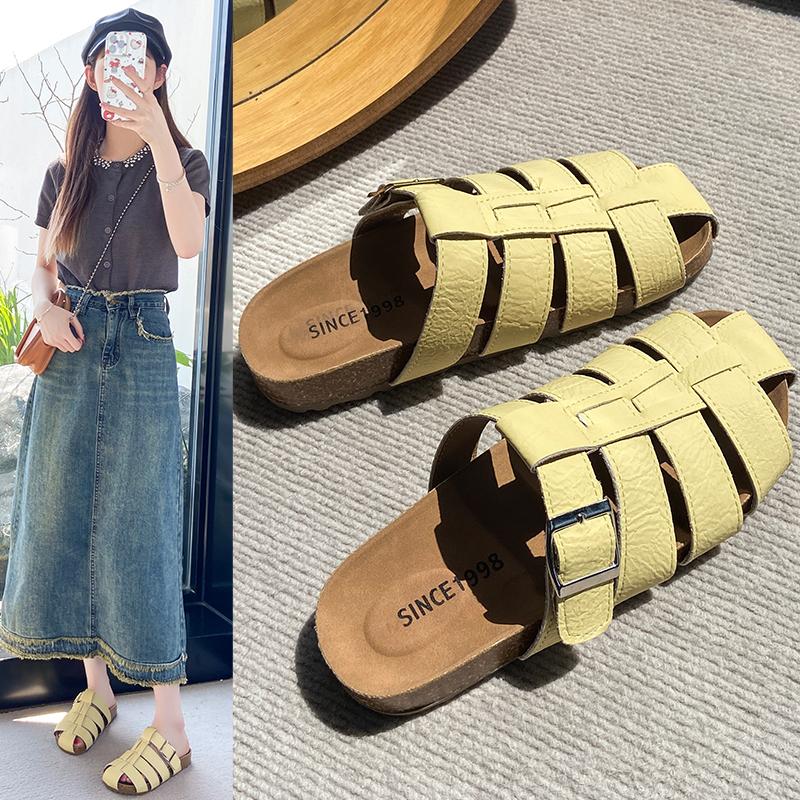 Women's Solid Color Flat Closed Toe Sandals Summer New Fashionable Hollow Woven Slip-on Thick-soled Beach Vacation Rome Sandals