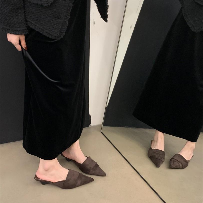 Inside and outside full leather muller shoes special-shaped heel pointed leopard print bag head slippers fashion medium heel half drag lazy drag