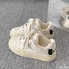 Dog board shoes for women's spring summer new round toe cute white shoes solid color thick soled lace up simple sports shoes