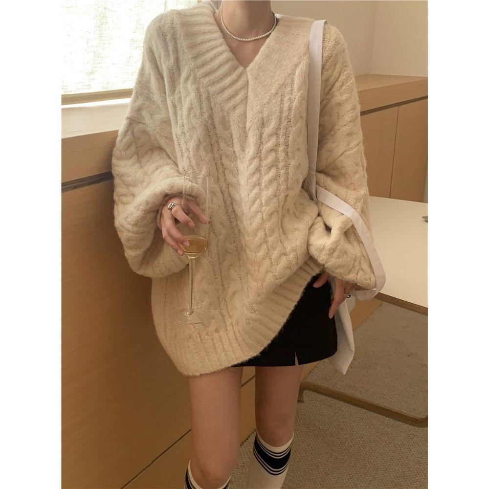 2025 Women's V-Neck Cable Knit Sweater - Autumn/Winter Loose-Fit, Warm, Niche Design