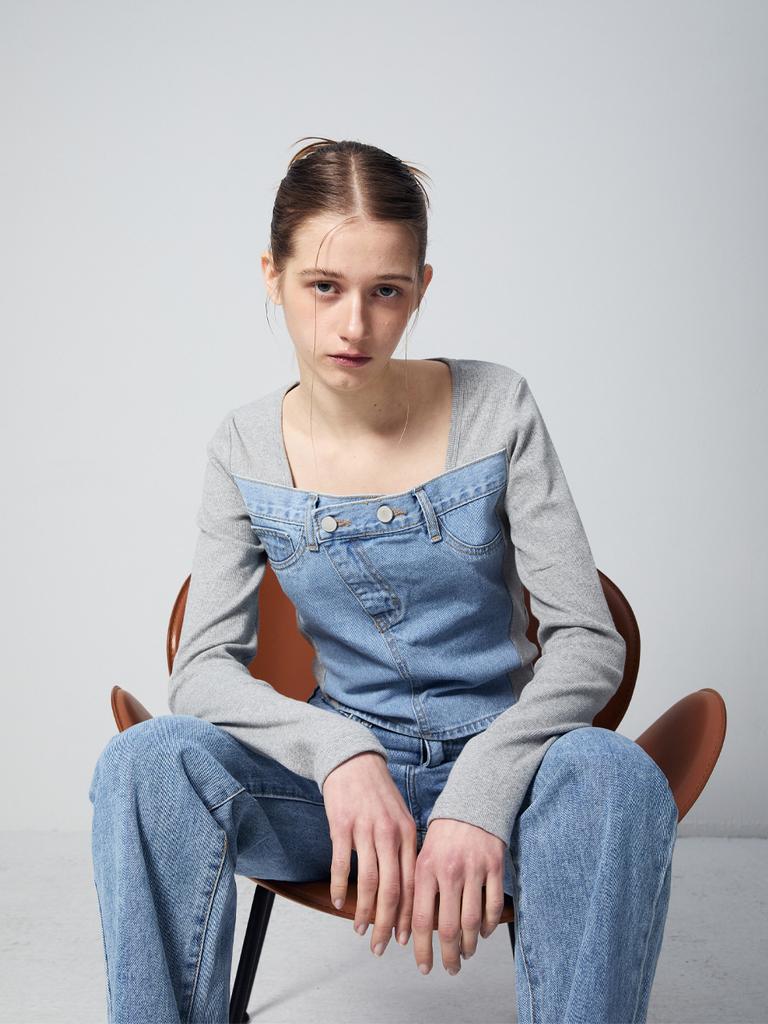 RENNESMIA Denim Patch Detail Top_Gray