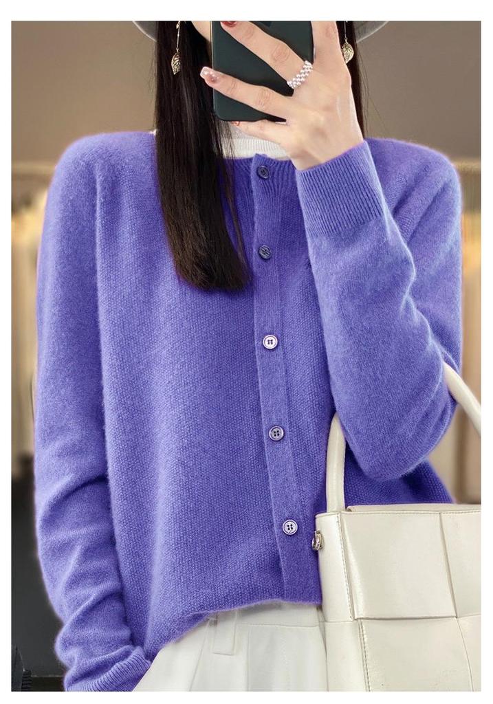 Women's Loose Cashmere Wool Cardigan – Autumn/Winter Osmanthus Stitch Knit Top