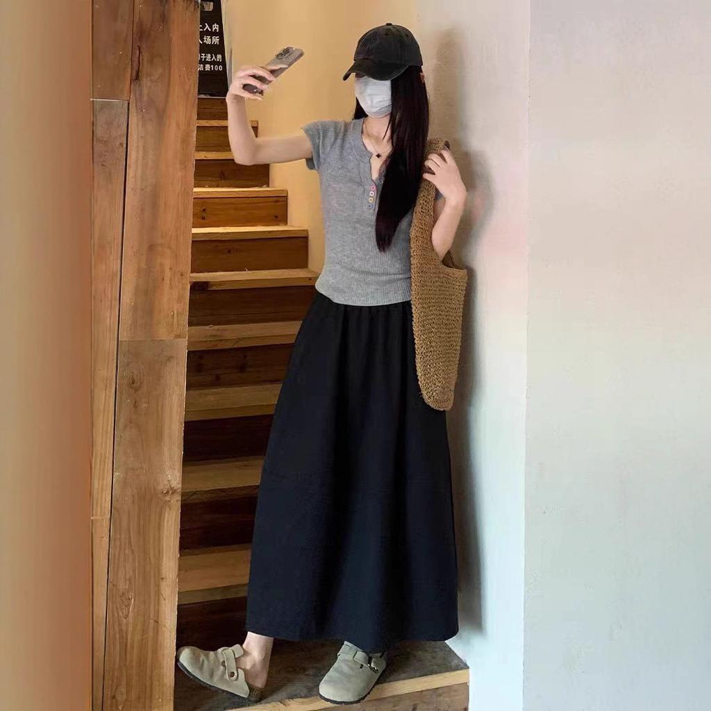 Women's Elastic Waist Drawstring Midi Skirt Loose Fit Solid Color A-Line Casual Skirt