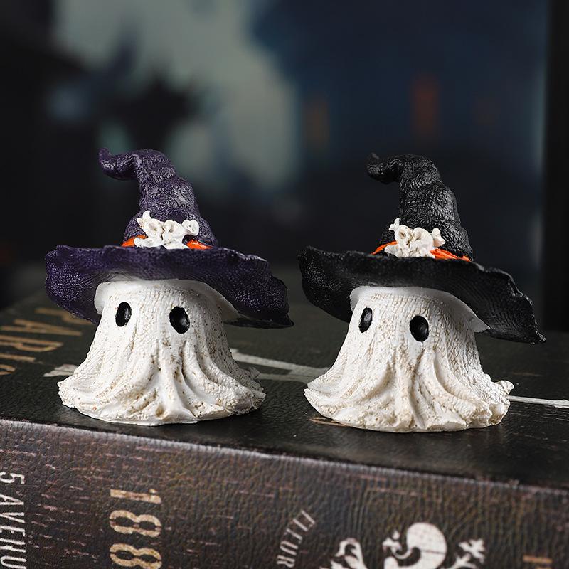 Haunted Resin Ghost Figurines - Halloween Witch Hat Decor with Mini Pumpkins for Party Tabletop Scenes