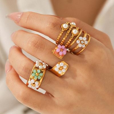 Pearl Ring Niche Design Hand Jewelry Titanium Steel Open Ring Women's Non-fading Flower Stainless Steel Ring