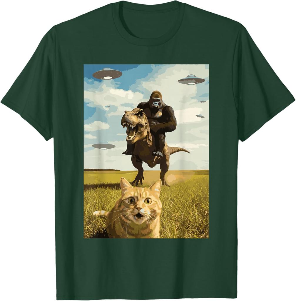 Gorilla Riding T Rex with Cat UFO Meme Graphic Tee Funny Casual Crewneck TShirt for Men