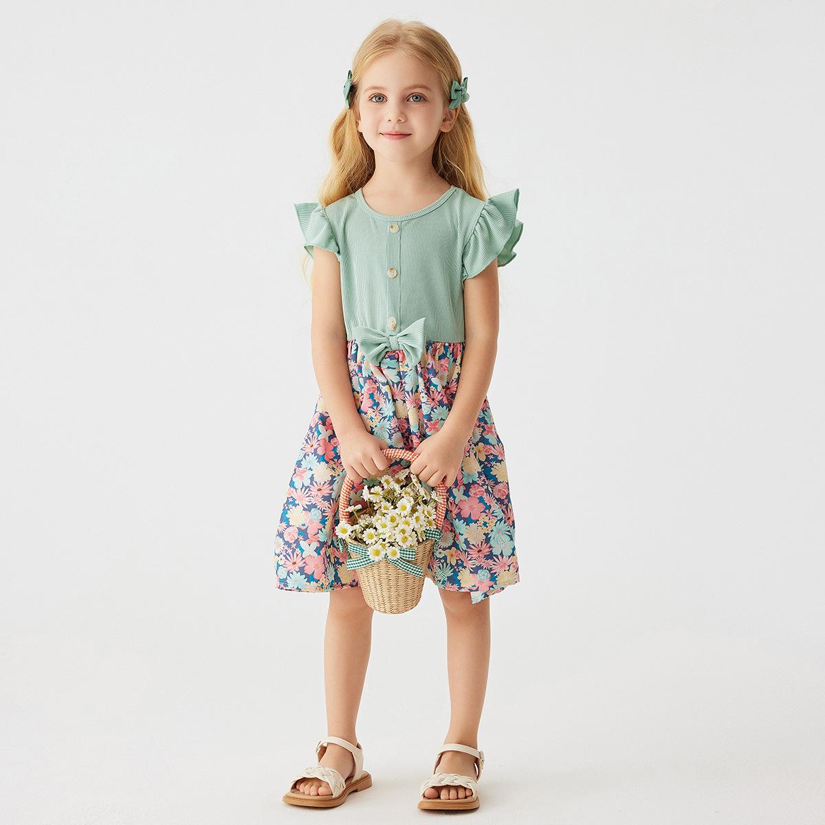 

2026 New Summer Girls Dress Round Neck Button Small Flying Sleeves Bow Floral Print Skirt Sweet Princess 80cm зелёный