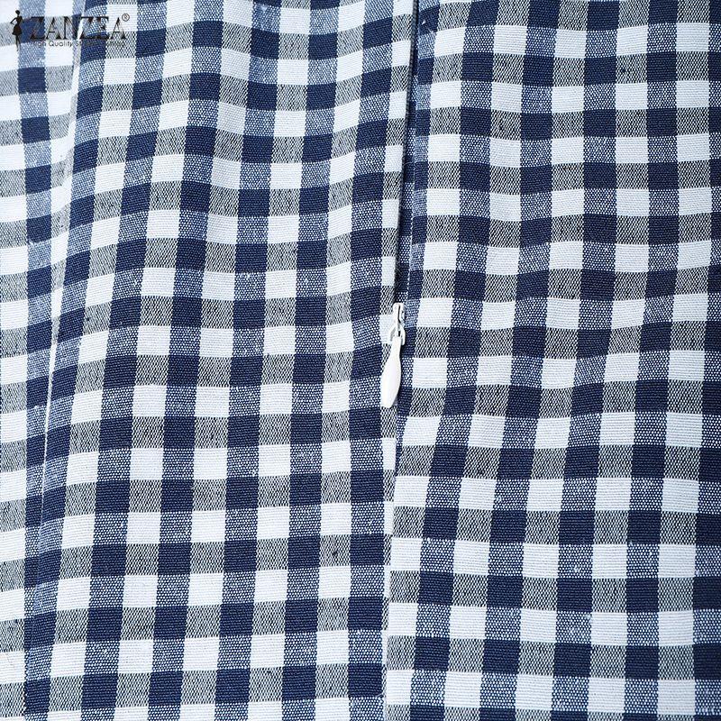ZANZEA Women Bows Collar Summer Casual Short Sleeve Grid Print Dress