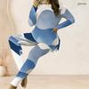 Women Plus Size Two Piece Set Round Neck Long Sleeve White Blue Printed Top Fitted Long Pants