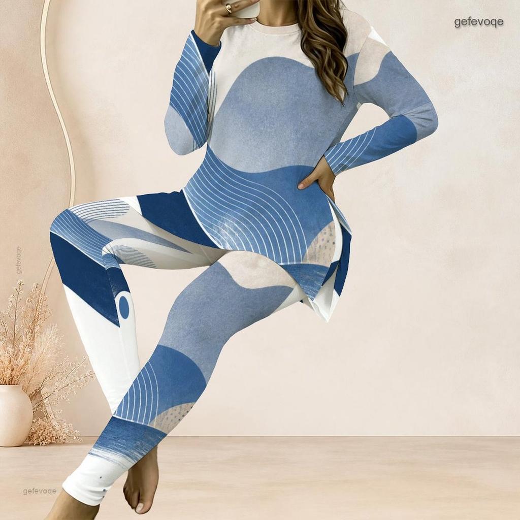 Women Plus Size Two Piece Set Round Neck Long Sleeve White Blue Printed Top Fitted Long Pants