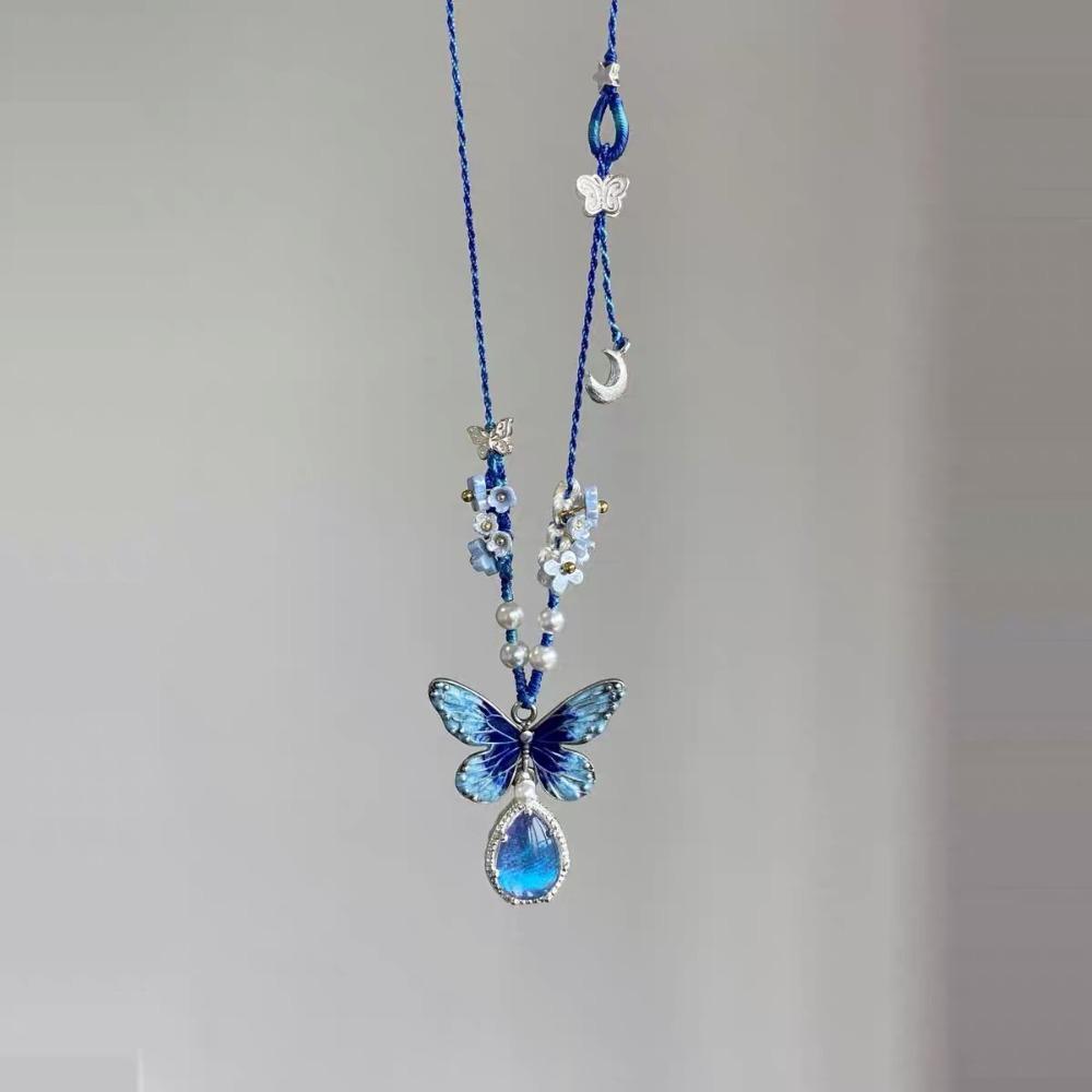 Blue Water Drop Pendant, Butterfly Flower Necklace, Simple and Versatile Necklace.