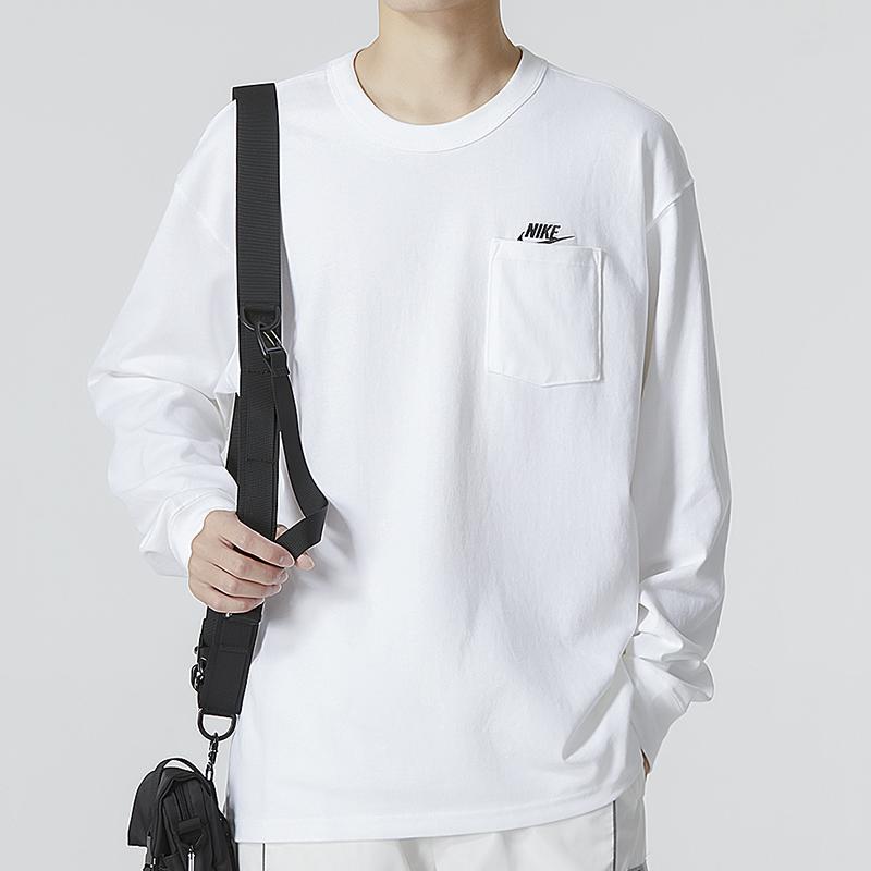 Nike Solid Color Letter Logo Sport Casual Round Neck Long Sleeve T-shirt Men Tops White DR7930-100