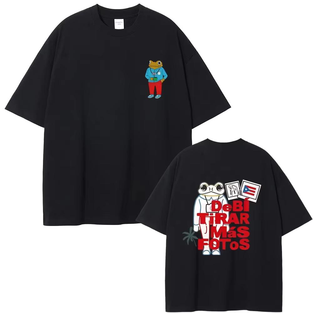 Men's Oversized Fashion Hip Hop T-Shirt, Bad Bunny World Tour Graphic Tee with Frog Print from Debi Tirar Mas Fotos DTMF Music Album T-shirt