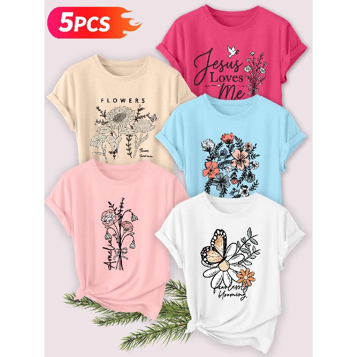 Five-piece set Elegant short-sleeved shirt for women Beach sunset print round-neck women's short-sleeve shirt suitable for spring and summer