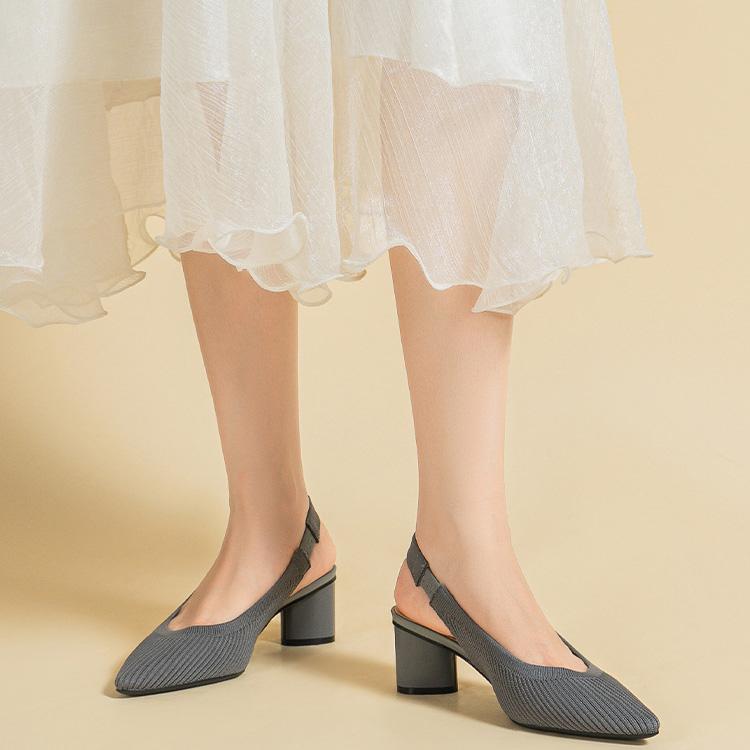 Women's Large Size Spring Sharp Pointed Toe Thick High Heel Single Shoes Casual Shallow Mouth Hollow Solid Color Buckle Knitted Sandals Shoes 34-43