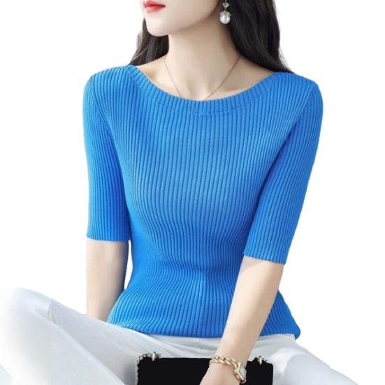 

Женские топы Slim Fit, однотонные, ребристые, с круглым вырезом и коротким рукавом, эластичные, с короткими рукавами, топы для повседневной носки синий