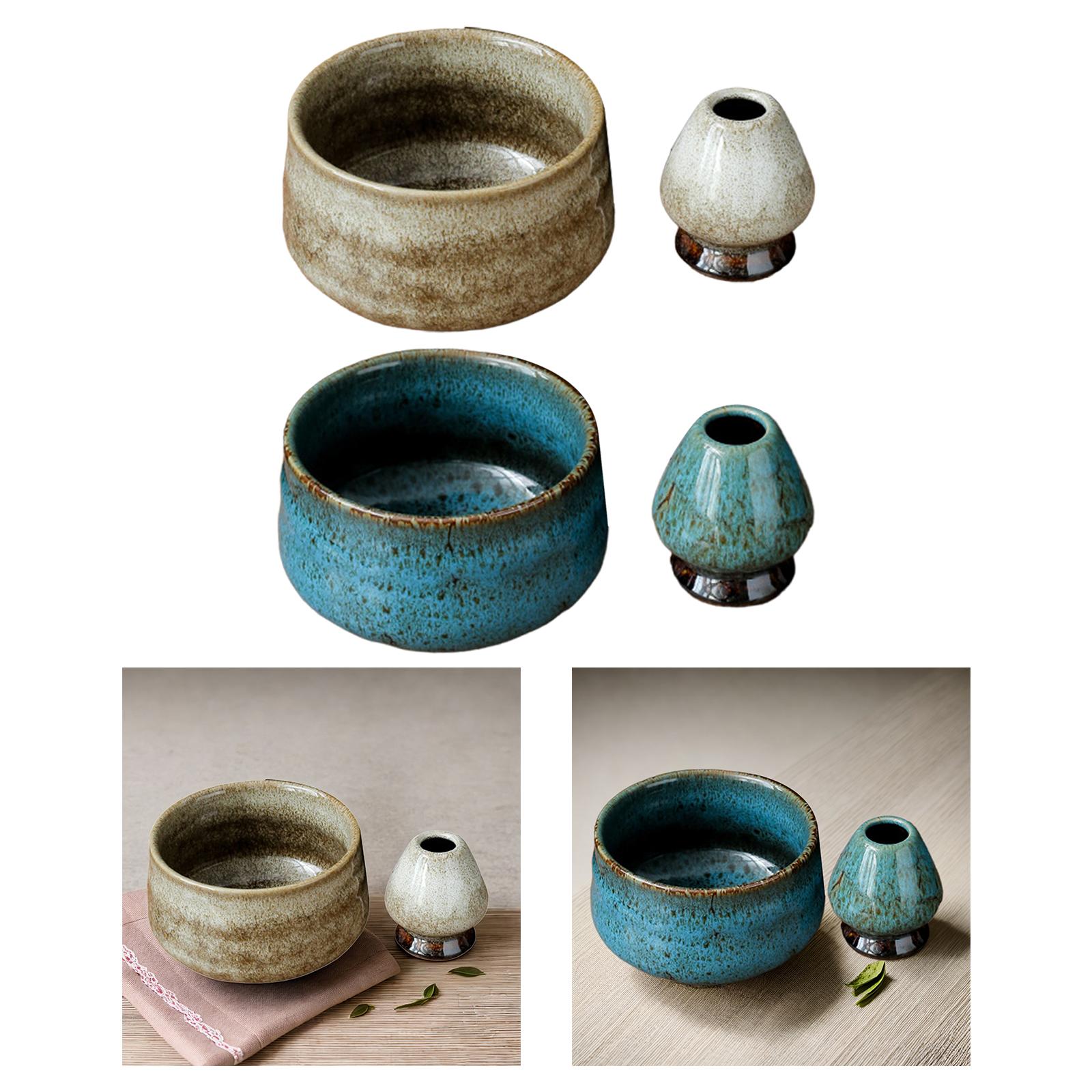 Japanese matcha bowls with whisk holder, Japanese matcha bowl, blu