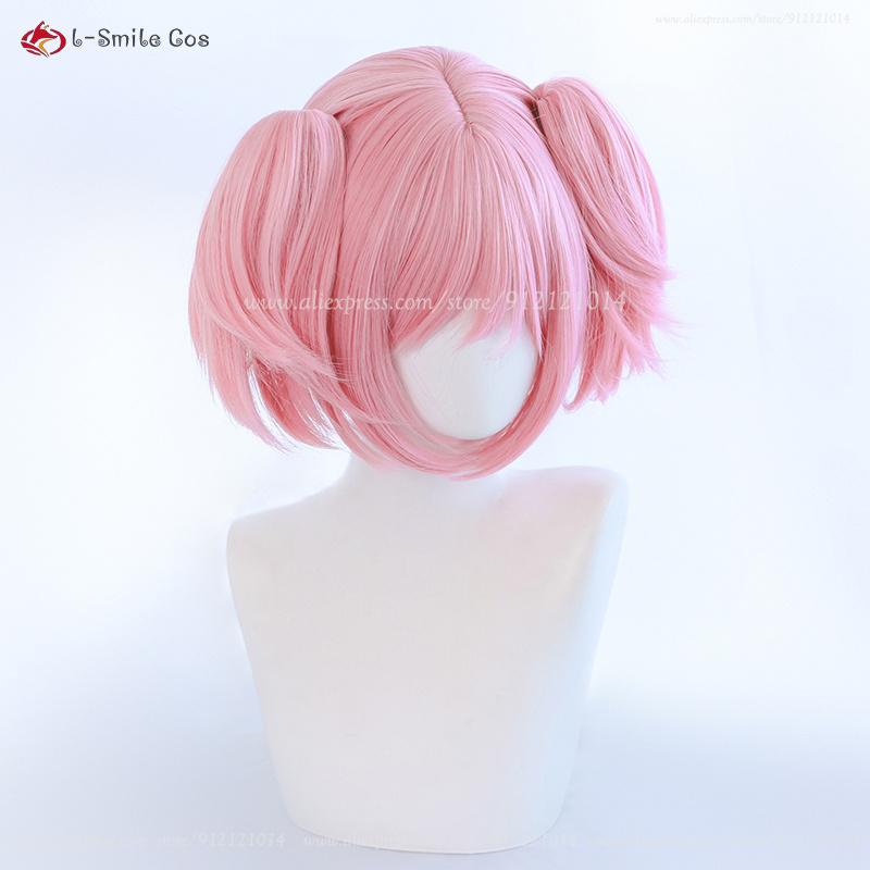 Anime Madoka Kaname Cosplay Wig Light Pink Double Ponytail Clip Wig Heat Resistant Synthetic Hair Halloween Party Wigs + Wig Cap