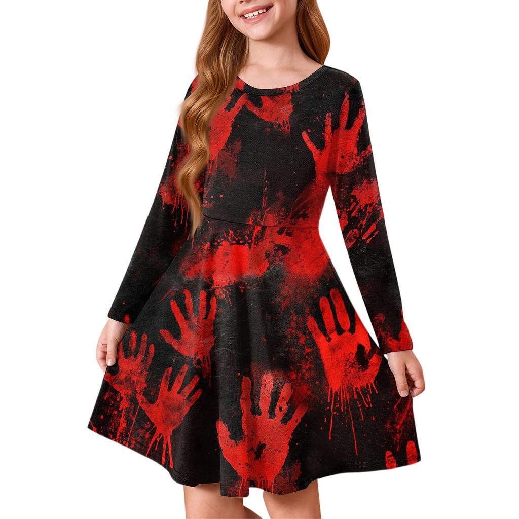 Girls' Summer Princess Dress Halloween Day- Long Sleeve A-Line T-Shirt Dress