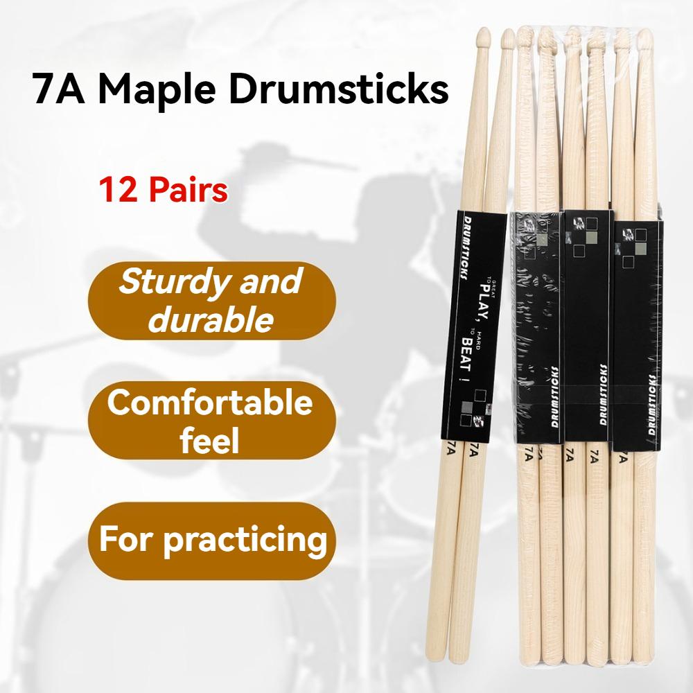 12 Pairs 7A Maple Wood Drum Sticks Classic High-quality Drumsticks for Adults and Beginners