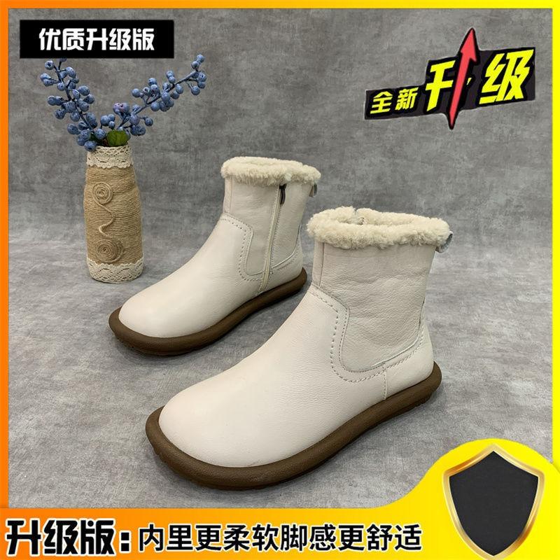 Flat Bottom Round Head Retro Zipper Snow Boots Women's Autumn and Winter New Velvet Thickened Fur Warm Integrated Short Boots