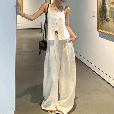 Retro Style Fake Two-piece Design Vest Top Wide-leg Pants Set Women's Summer Temperament Old Money Top Thin Pants
