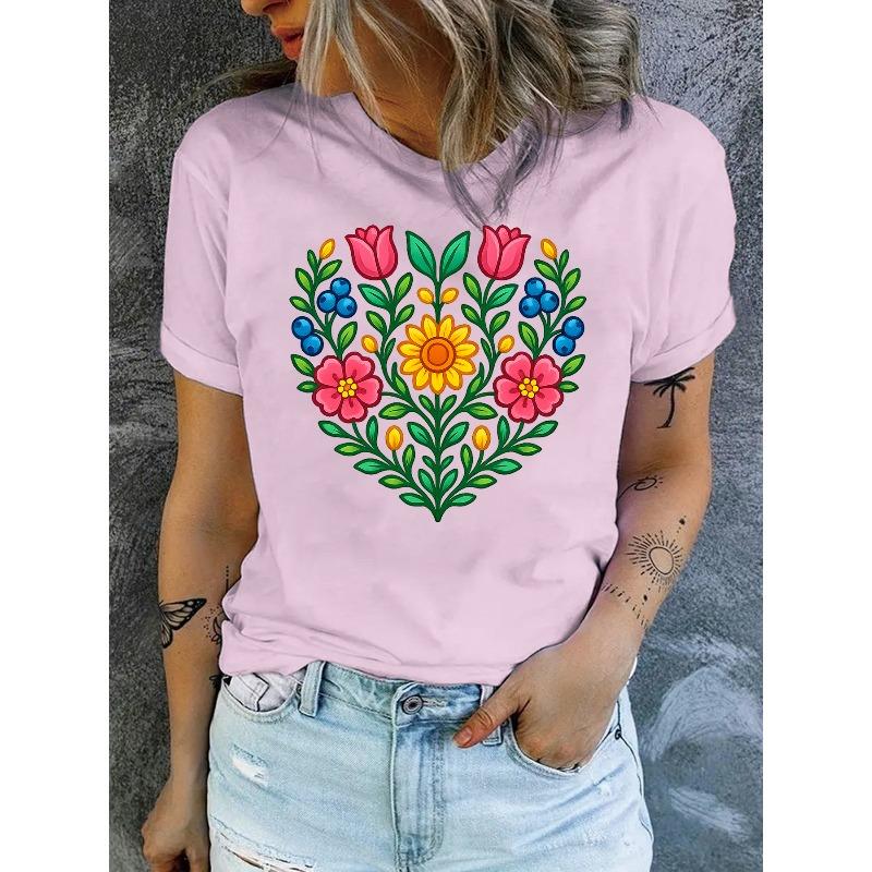Vibrant Floral Print Design for Women'S Stylish Casual Round-Neck T-Shirt for Spring and Summer