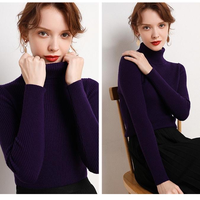 WomenTurtleneck Sweater Autumn Winter Slim Fit Pullover Tight Stretch Knit Base Shirt Long Sleeve Simple Pullover Knit Top