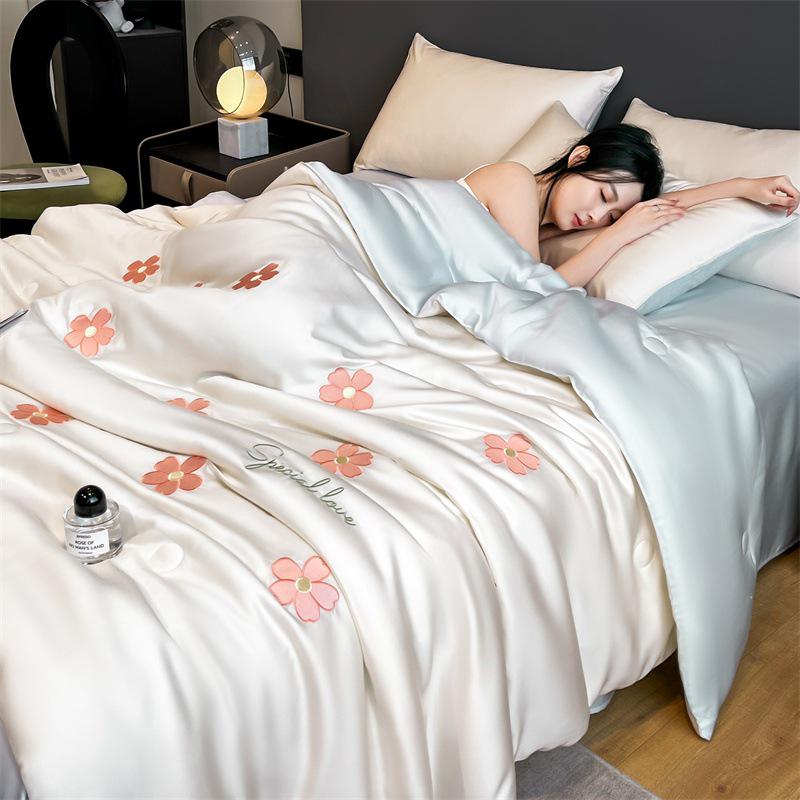 Summer Embroidery Silky Quilt Set – 4-Piece Bedding for Single/Double, Includes Bare Sleep & Air Conditioning Quilts