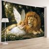 Angel and Lion In Enchanted Forest Tapestry  Perfect for Adding Magical and Serene Style To Any Room Decor Ideal for Home Use