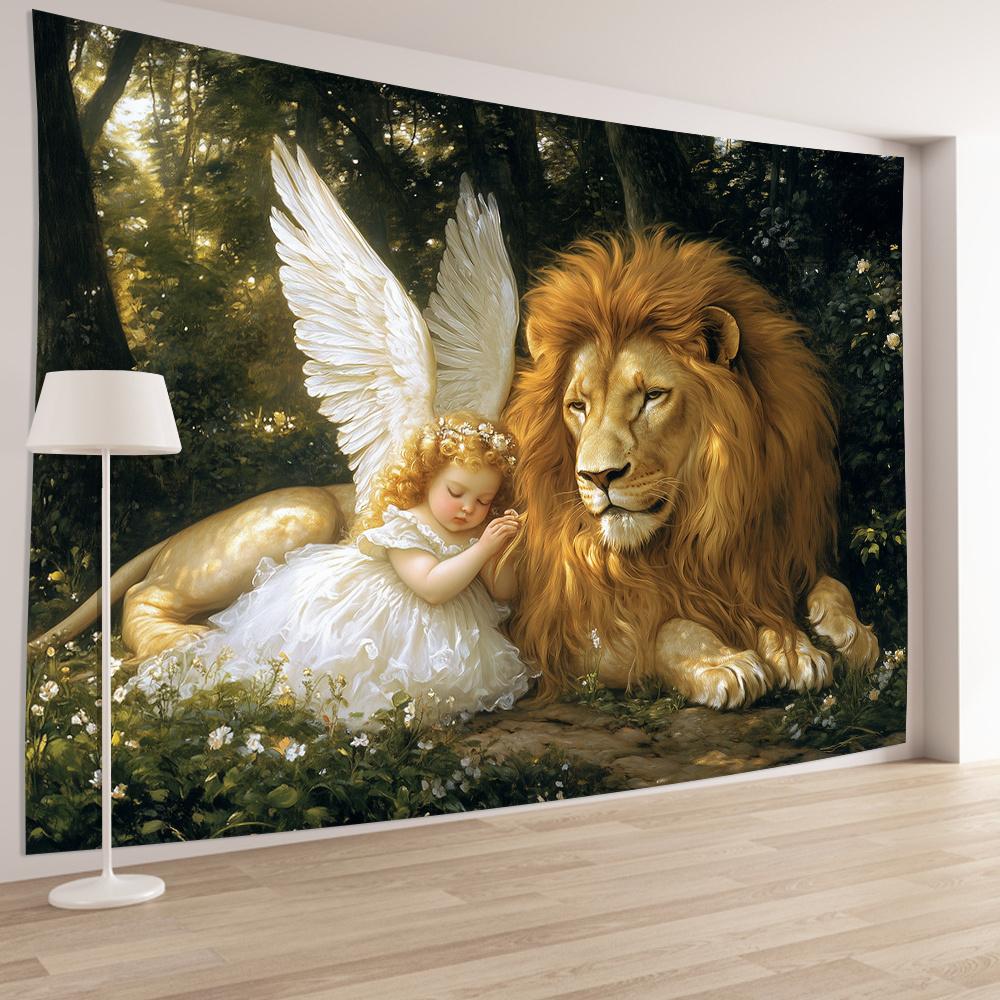Angel and Lion In Enchanted Forest Tapestry Perfect for Adding Magical and Serene Style To Any Room Decor Ideal for Home Use