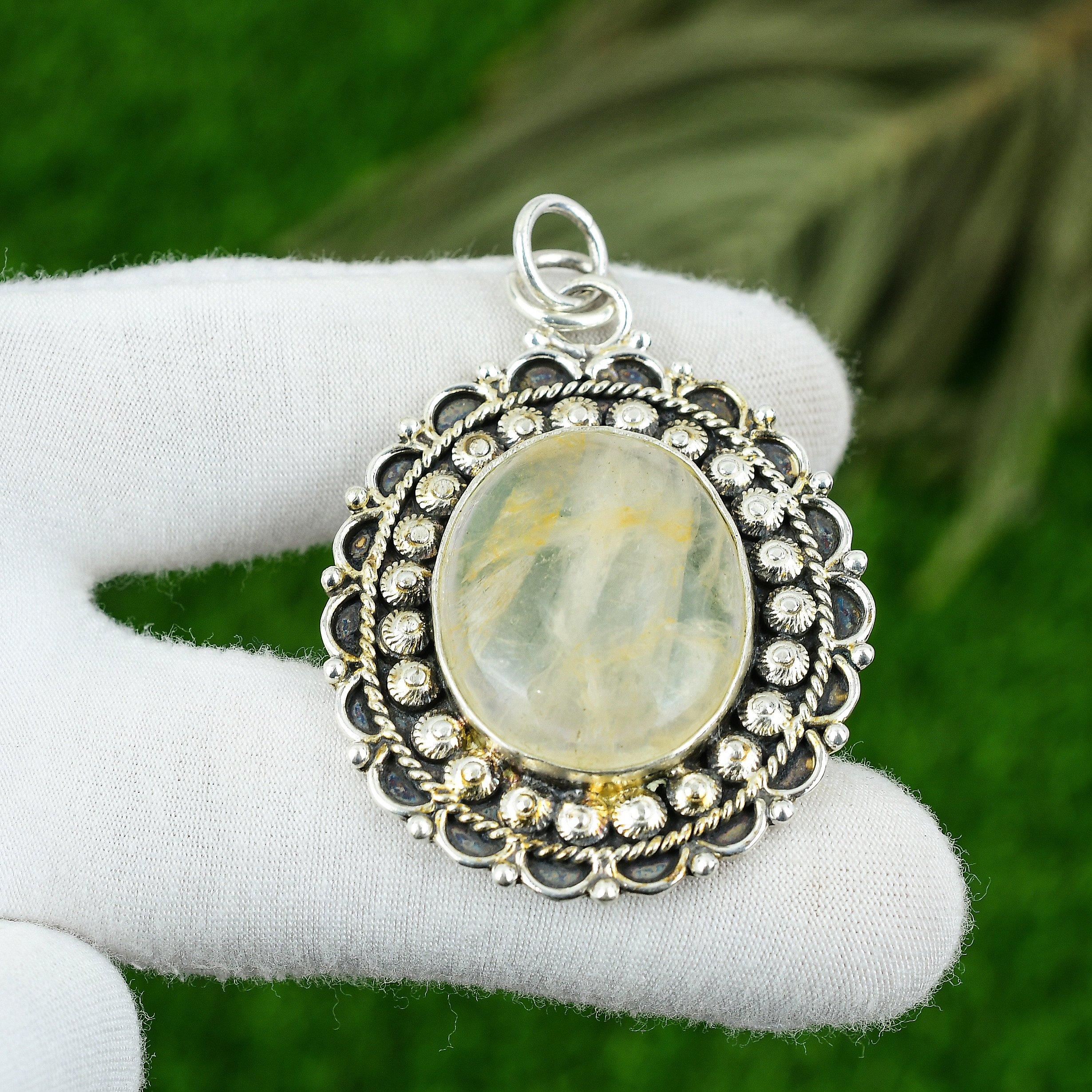 

925 Sterling Silver Oval Natural Golden Rutile Daughter Artisan Pendant Jewelry