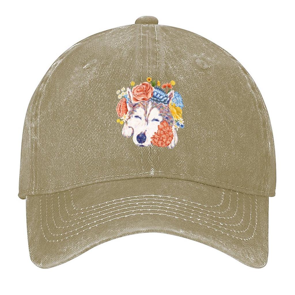 2026 Colored Pencil Husky Dog Flower Crown Baseball Cap Cute Derby Hat Black Big Size Hat Women's Golf Clothing Men's