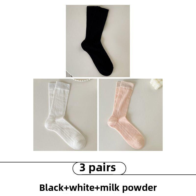 3 Paar Damen Sommer Dünn Vertikale Streifen Hohl Unifarben Alle Bauen Hohe Röhren Stapelsocken