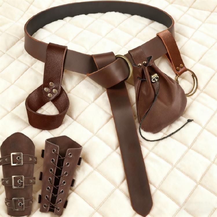 Historical Reenactment Gear 5PCS Soft PU Leather Bracers And Belt Combo Adjustable Medieval Costume Accessories For Theater LARP
