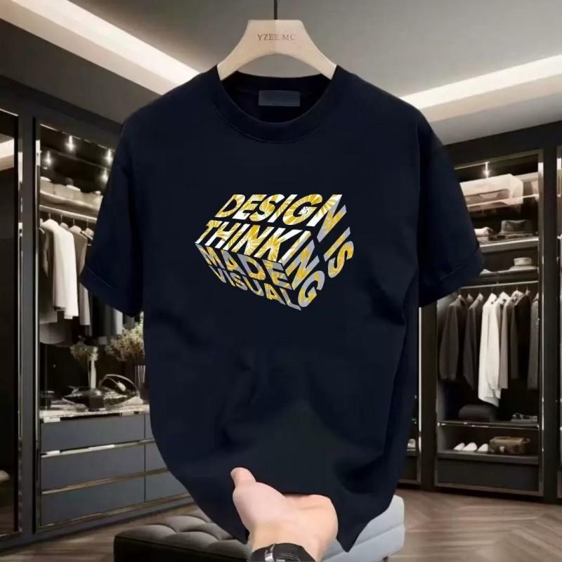 Mens Loose Fit Cotton T-Shirt With Geometric Print Casual Short Sleeve Top Youth Fashion