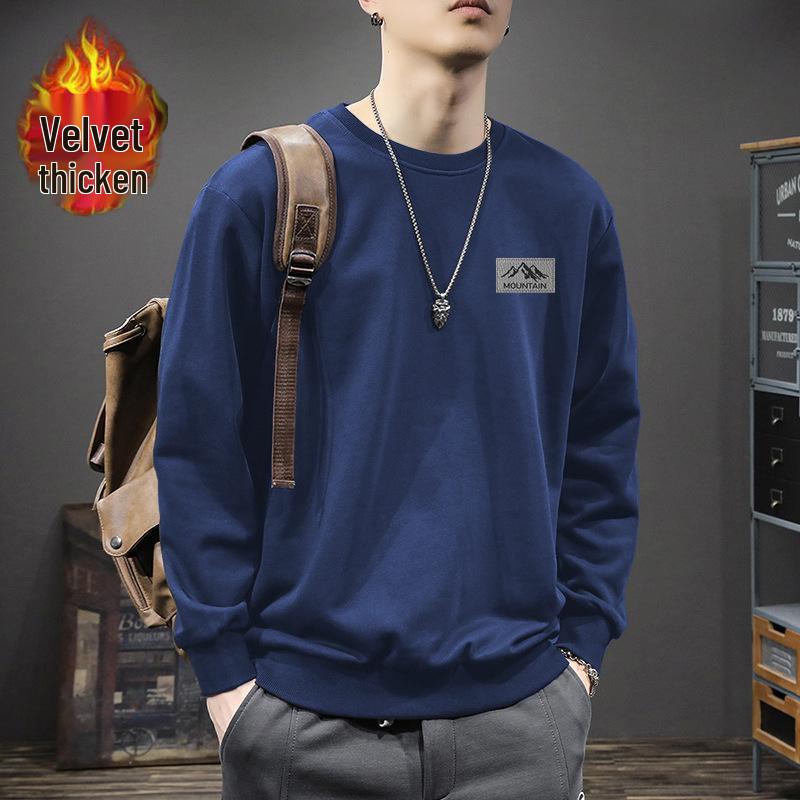 Men's Trendy Hong Kong Style Loose Fit Round Neck Sweatshirt, Autumn/Winter, Plus Velvet, 420g
