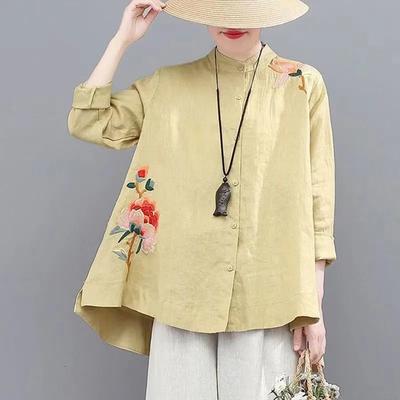 Stickerei Locker Langärmlig Damen Retro Stil Künstlerisch Kurz Langärmliges Hemd Damen