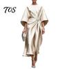 Langer Faltenrock Damen Damen Satin Fledermausärmel Maxikleid, Strassakzent Rundhalsausschnitt Leichtes Sommerkleid Abendparty A-Linie