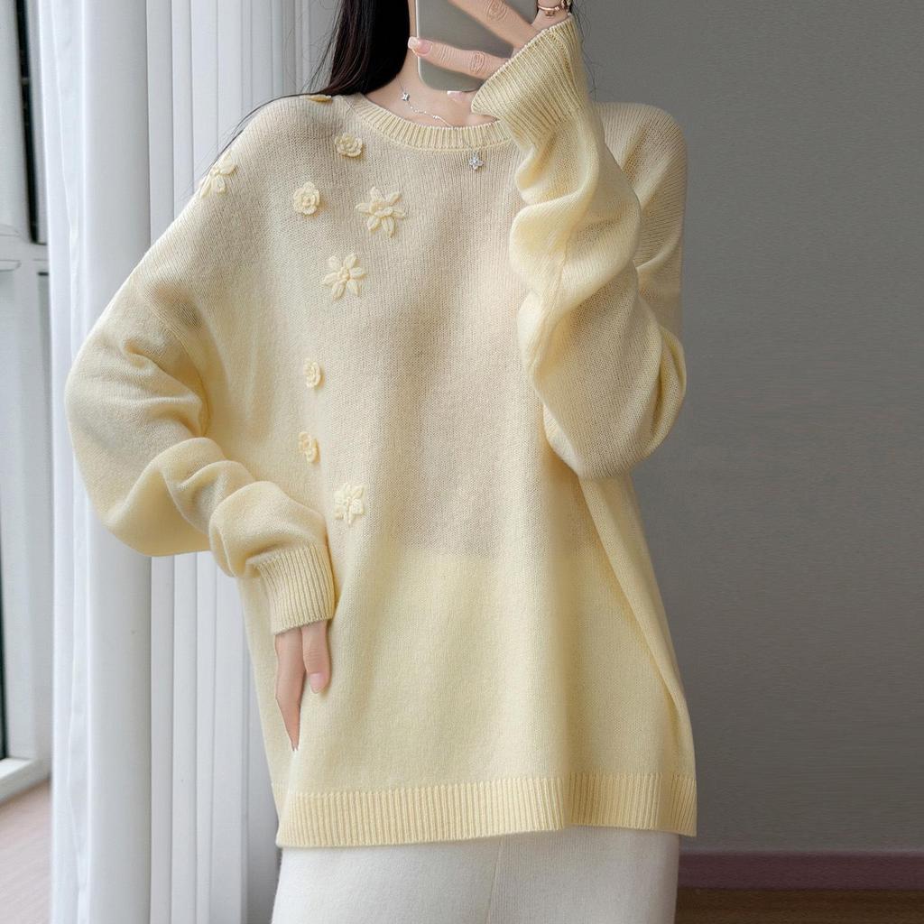 Women's Pure Wool Heavy Embroidery Knit Sweater - Autumn/Winter Loose Casual Round Neck Top