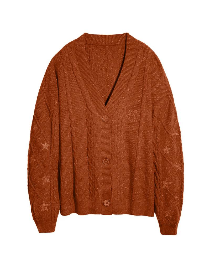 Title: Women's Orange Brown V-Neck Knit Cardigan with Twisted Cable Pattern