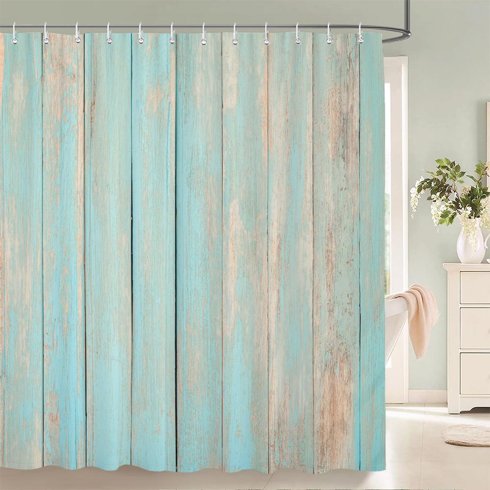 1Pcs Imitation Wood Grain Printed Fabric Waterproof Shower Curtain, Stripe Pattern Bathroom Decoration Curtain, With Hooks